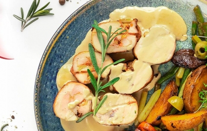 Куряче фрікасе з оливками та овочевим гарніром